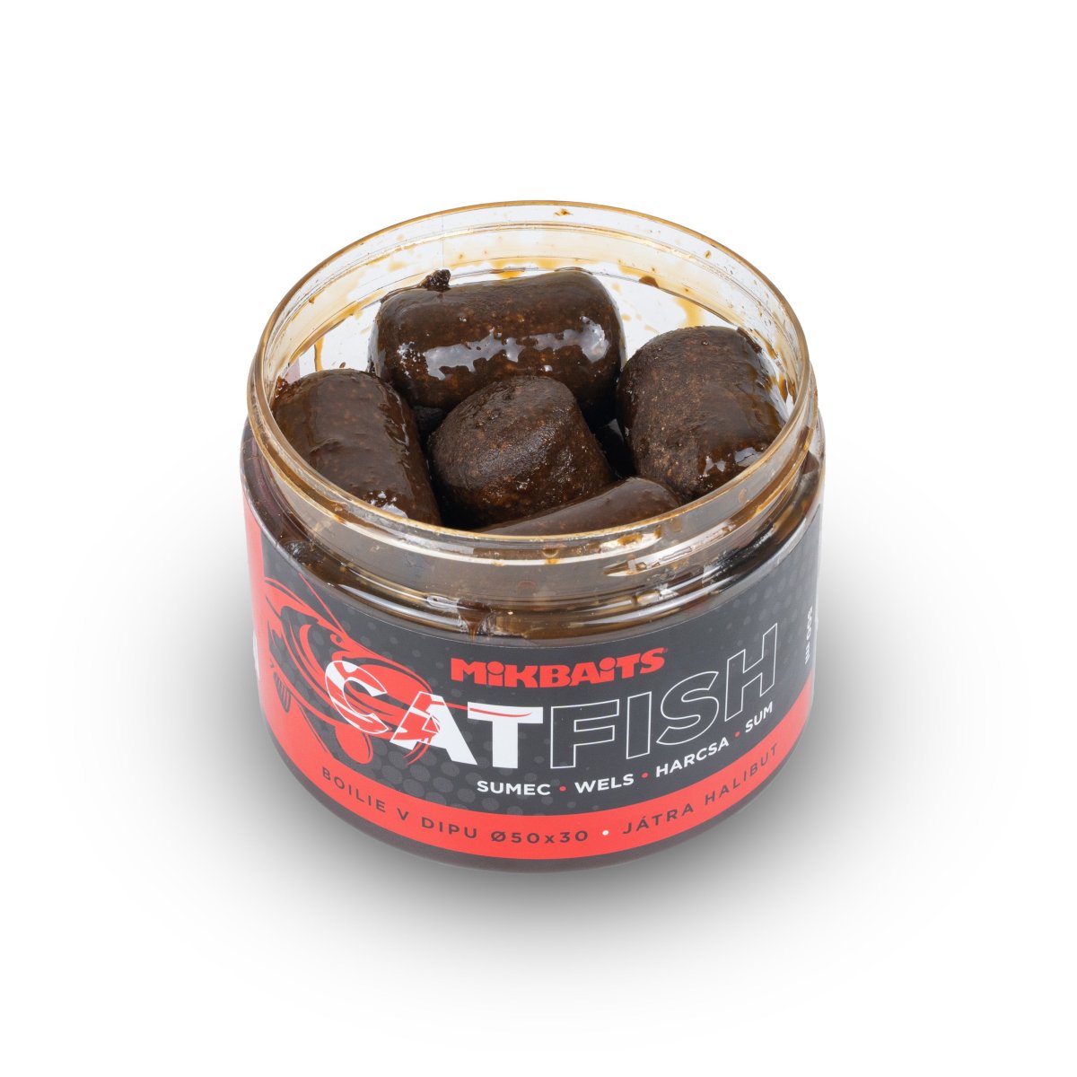 Mikbaits Catfish sumec řada - Boilie v dipu Játra Halibut 500ml, 30x25mm