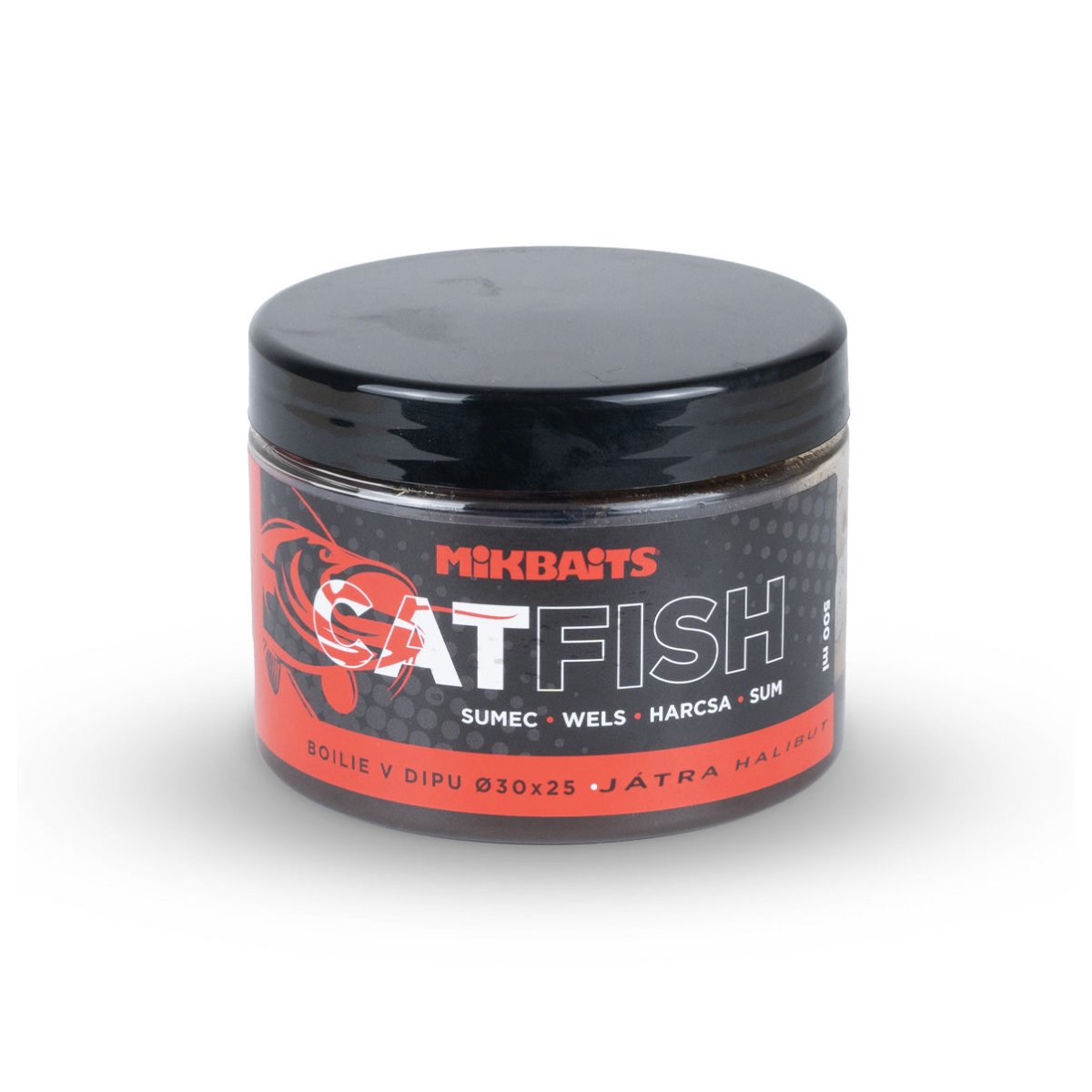 Mikbaits Catfish sumec řada - Boilie v dipu Játra Halibut 500ml, 50x30mm