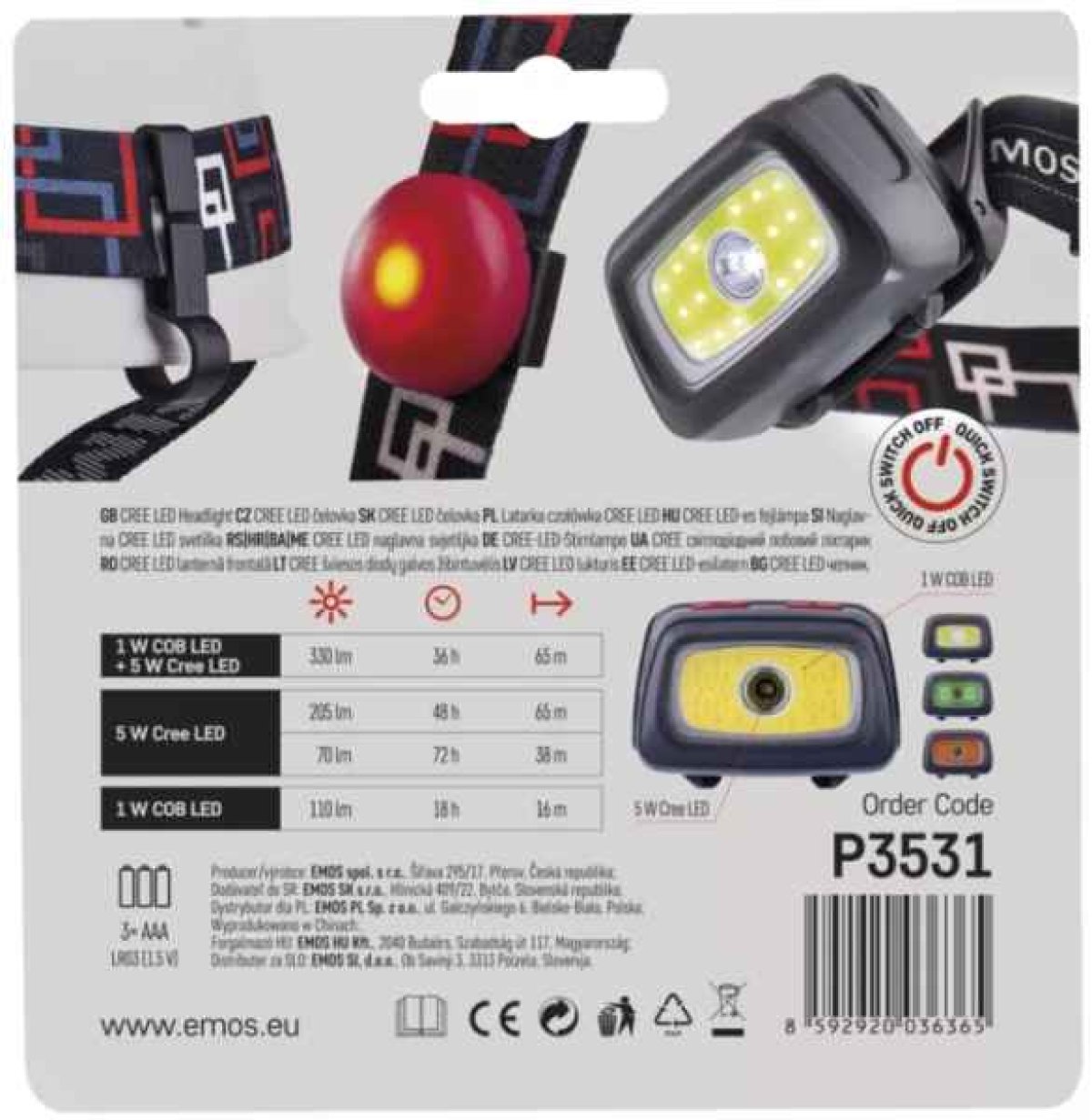 Rybářská CREE LED + COB LED čelovka svítivost 330lm
