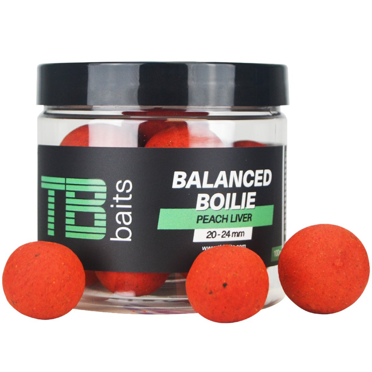 TB Baits Vyvážené Boilie Balanced + Atraktor Peach Liver 100 g 20-24 mm